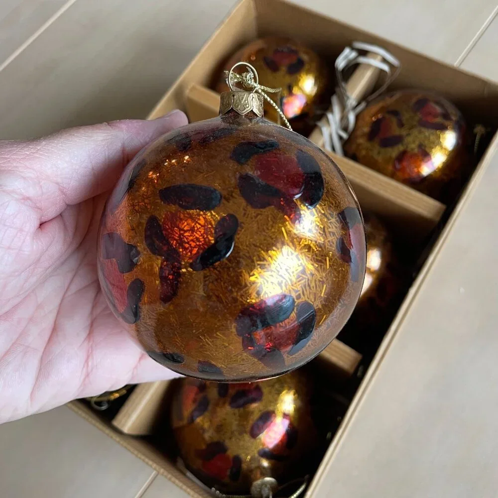 Pottery Barn Set of 6 Mercury Glass Animal Leopard Print Christmas Ball Ornament